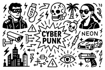 Hard techno rave doodle with underground music, DJ gear, and dark club aesthetic, Transparent Background