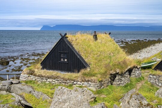 Traditional houses of an old fishing village, &Oacute;sv&ouml;r Fishing Museum, Bolungarvik, Westfjords, West Iceland, Iceland