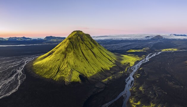 Moss-covered mountain M&aelig;lifell, Maelifell, behind glacier Myrdalsj&ouml;kull, Icelandic Highlands, Iceland