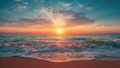 Stunning evening sky over tranquil ocean with gentle waves caressing the shore