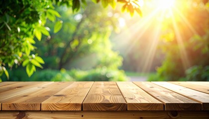 Sunlight Streams Through Green Foliage and Wooden Tabletop Outdoors Creating a Warm and Peaceful Atmosphere