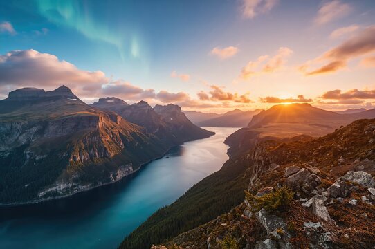 Scenic landscapes featuring towering cliffs, deep fjords, and celestial phenomena like the aurora and midnight sun.