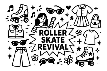 Roller skate revival doodle with groovy outfits and retro fashion elements, Transparent Background