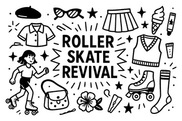Roller skate revival doodle with groovy outfits and retro fashion elements, Transparent Background