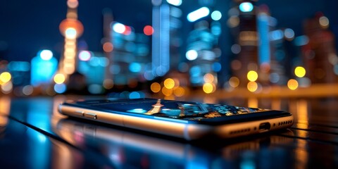 Smartphone reflecting shanghai city lights cityscape at night