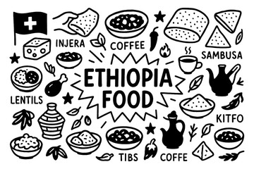 Ethiopian traditional food doodle with injera, tibs, and doro wat dishes, Transparent Background
