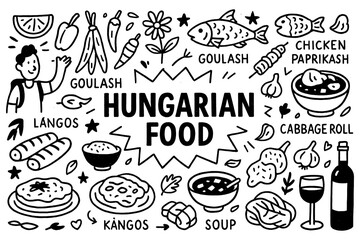 Hungarian traditional food doodle with haluski, dumplings, and stuffed peppers, Transparent Background