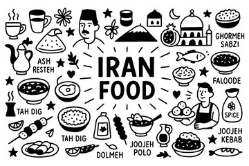 Iranian traditional food doodle with kebab, rice dishes, and desserts, Transparent Background