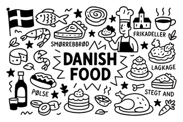 Danish traditional food doodle with pastries, beer, and national cuisine icons, Transparent Background