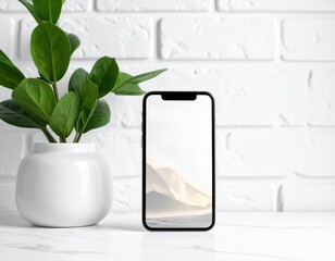 Smartphone Mockup Displaying Scenic Landscape with White Vase and Green Plant Against White Brick Wall