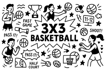 3x3 basketball doodle with players, hoops, and game strategy icons, Transparent Background