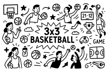 3x3 basketball doodle with players, hoops, and game strategy icons, Transparent Background