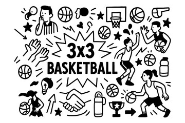 3x3 basketball doodle with players, hoops, and game strategy icons, Transparent Background