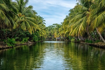 Obraz premium A peaceful river meanders softly through lush palm foliage, mirroring the serene natural surroundings and offering a perfect escape for calm and discovery.