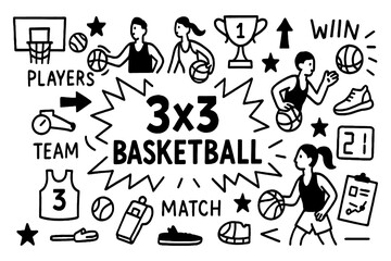 3x3 basketball doodle with players, hoops, and game strategy icons, Transparent Background