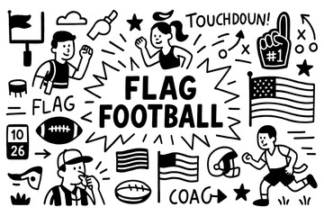 Flag football doodle with players, ball, strategy symbols, and touchdown elements, Transparent Background