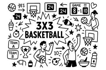 3x3 basketball doodle with players, hoops, and game strategy icons, Transparent Background