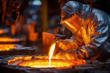 Molten metal work: A factory worker pours liquid metal in protective gear, showcasing industrial process, safety, and foundry operations with bright orange glow.