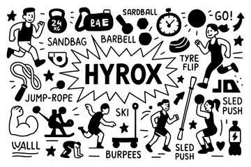 Hyrox fitness race doodle with running, sled push, and functional workout icons, Transparent Background