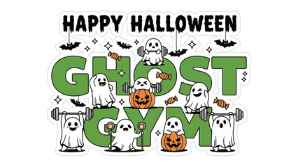 Spooky Ghost Gym: Spooky, festive artwork combining the fun of a gym workout with the spirit of Halloween, featuring ghosts lifting weights, with pumpkins, sweets, and bats.