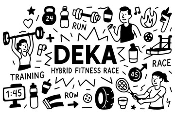 Deka hybrid fitness race doodle with athletes, gym equipment, and workout icons, Transparent Background