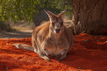 Fototapeta premium Large marsupial relaxing on crimson soil in the shade. Humorous wildlife scene. Nature tourism idea.