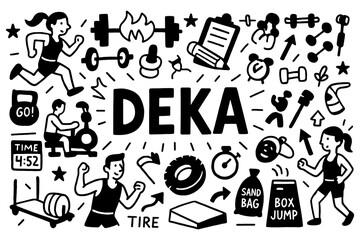 Deka hybrid fitness race doodle with athletes, gym equipment, and workout icons, Transparent Background