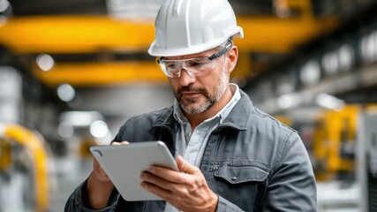 Precision in Progress: A focused engineer, complete with safety gear, meticulously reviews data on a tablet amidst an industrial backdrop, embodying expertise and efficiency. - Powered by Adobe