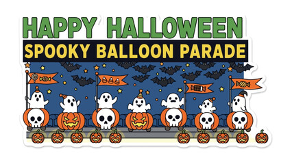 Spooky Balloon Parade: A festive Halloween parade floats against a dark night sky filled with spooky elements like ghost and skull balloons, a cheerful and celebratory scene.