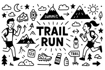 Trail running doodle with runners, mountains, medals, and outdoor adventure icons, Transparent Background