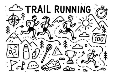 Trail running doodle with runners, mountains, medals, and outdoor adventure icons, Transparent Background