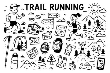 Trail running doodle with runners, mountains, medals, and outdoor adventure icons, Transparent Background