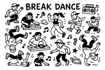 Breakdance doodle with street dancers, boombox, sneakers, and music elements, Transparent Background