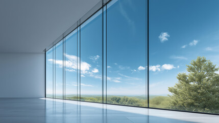 Naklejka premium Modern Interior with Large Glass Windows Overlooking Green Landscape and Blue Sky