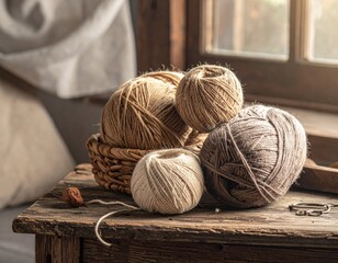 Close Up Of Yarn Balls In A Wicker Basket On Wooden Table Near Window Sunlight