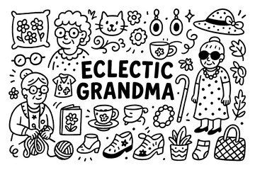 Eclectic grandma doodle with vintage fashion tea knitting and cozy home elements, Transparent Background