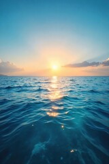 Tranquil Ocean Seascape Warm Sunrise Glow on Calm Waters, Breathtaking Horizon View, Perfect for Travel, Nature, and Serenity Themes