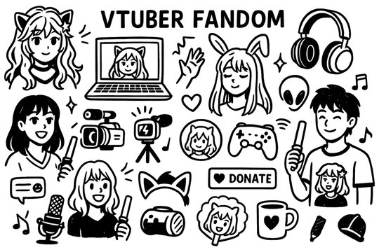 Vtuber fandom doodle with anime girls streaming icons gaming and fan gifts, Transparent Background
