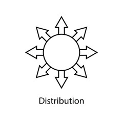 Minimal line icon showing a central circle with outward arrows symbolizing distribution, expansion, and logistics. Perfect for business, marketing, supply chain, and network concept designs.
