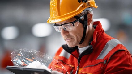 Construction worker in contemplation: An experienced construction worker, adorned in a protective helmet and eyewear, concentrates intently while using a digital tablet, as if studying the blueprint. - Powered by Adobe