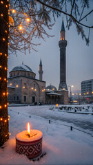 Snow-Covered Mosque with Candlelight and String-Lit Tree in Winter Twilight