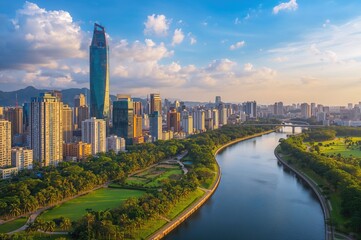 Obraz premium A lively aerial view of a cityscape with tall skyscrapers including a prominent tower, and a scenic river flowing through a park under clear skies.