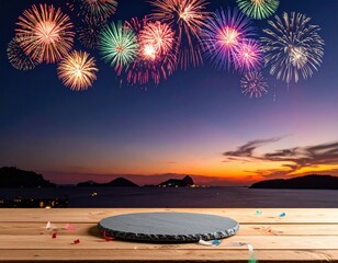 Fireworks Display Over Ocean And Sunset Sky With Empty Wooden Platform And Confetti