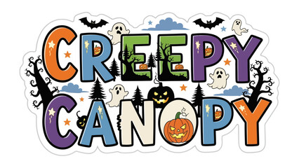 Fototapeta premium Creepy Canopy Illustration: A vibrant and spooky illustration spells out Creepy Canopy, perfect for Halloween, decorated with Halloween-themed elements.