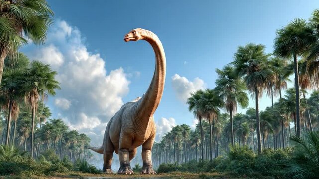 Brachiosaurus in Prehistoric Jungle: A majestic Brachiosaurus, with its long neck reaching for the sky, strides through a lush, ancient jungle under a brilliant blue sky.