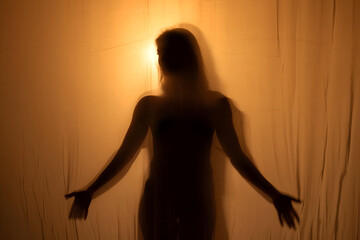 Silhouette of a person against a soft illuminated backdrop creating a serene and tranquil atmosphere at dusk