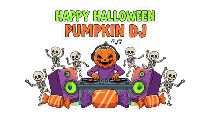 Fototapeta premium Spooky Halloween Dance Party: Animated illustration of a Pumpkin DJ entertaining skeletons with a set of speakers and candy, inviting viewers to immerse in the festive atmosphere.