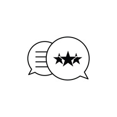 Minimalist black and white chat icon with star rating inside speech bubbles, representing feedback, communication, customer review, and online rating concept for digital or business use.