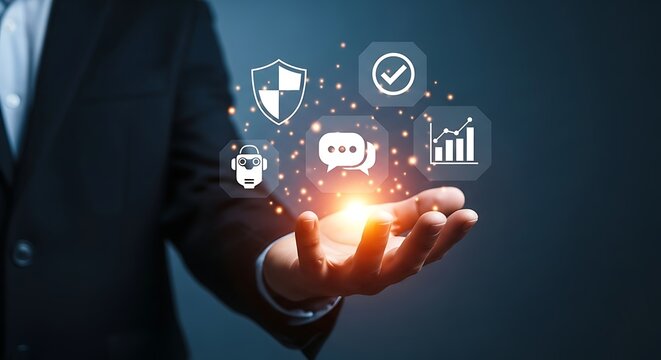 Businessman holding digital icons of security, chat, and analytics hand