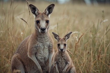 Joey and kangaroo looking directly at the camera in a meadow